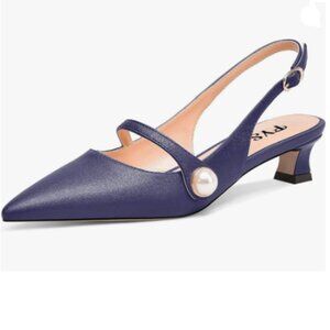 FYS Midnight Blue Low Heel Slingback Pearl Pointed Toe Pumps Buckle Elegant Shoe